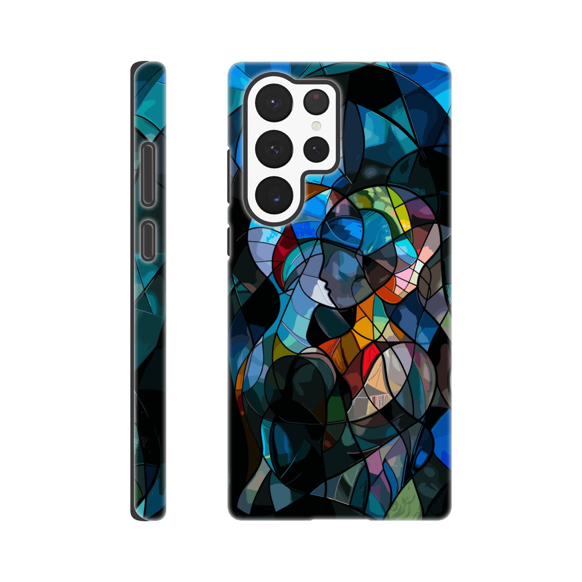 A Samsung Galaxy S22 Ultra Phone Case with the following design: stained glass window of two people hugging, in the style of cubism, abstract shapes and lines, vibrant colors, dark background, hyper realistic 