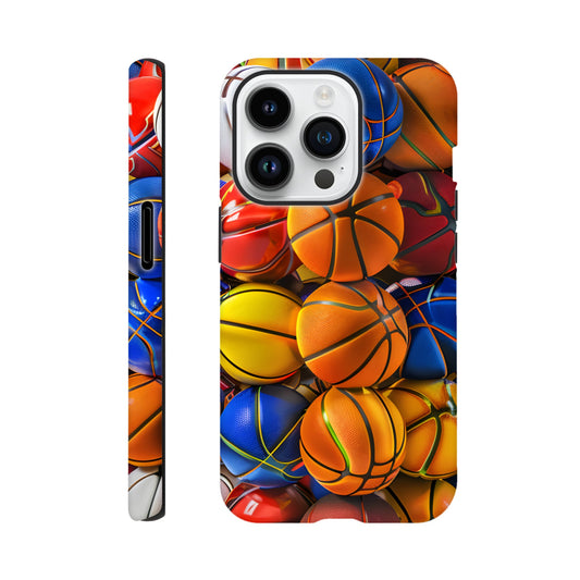 An Apple iPhone 14 Pro Phone Case adorned with an image of a lot of basketballs, of a variety of primary colors, in the form of cube