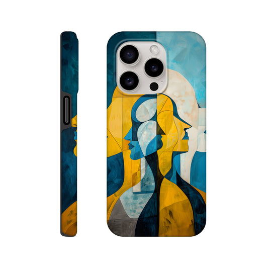 An Apple iPhone 15 Pro Phone Case with the following design on it - the Gemini Astrological sign depicting twins facing away from one another, the twins are of no specific sexual or ethnic orientation, yellow, baby blue, white, cubism