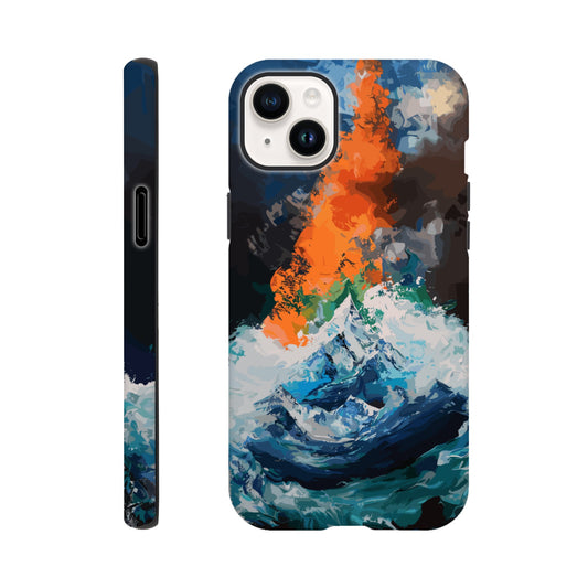 An Apple iPhone 14 Plus Phone Case with the following design on it - the Mariana Trench engulfing Mount Everest, cartoonish surrealism, blue, white, green, orange, black