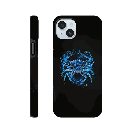 An Apple iPhone 15 Plus Phone Case with the following design - A simple white line drawing of the symbol for Cancer-a Crab, with blue outlines on black background. The design is minimalistic and elegant, focusing only on basic shapes to represent the zodiac sign's symbolism in astrology. It has an art deco style that highlights its curves and swirls, creating a sense of motion or energy within each curve.