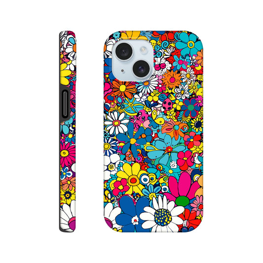 An Apple iPhone 15 Phone Case with the following design on it : Lots of retro looking flowers of multiple colors with no discernible arrangement against a white background. 