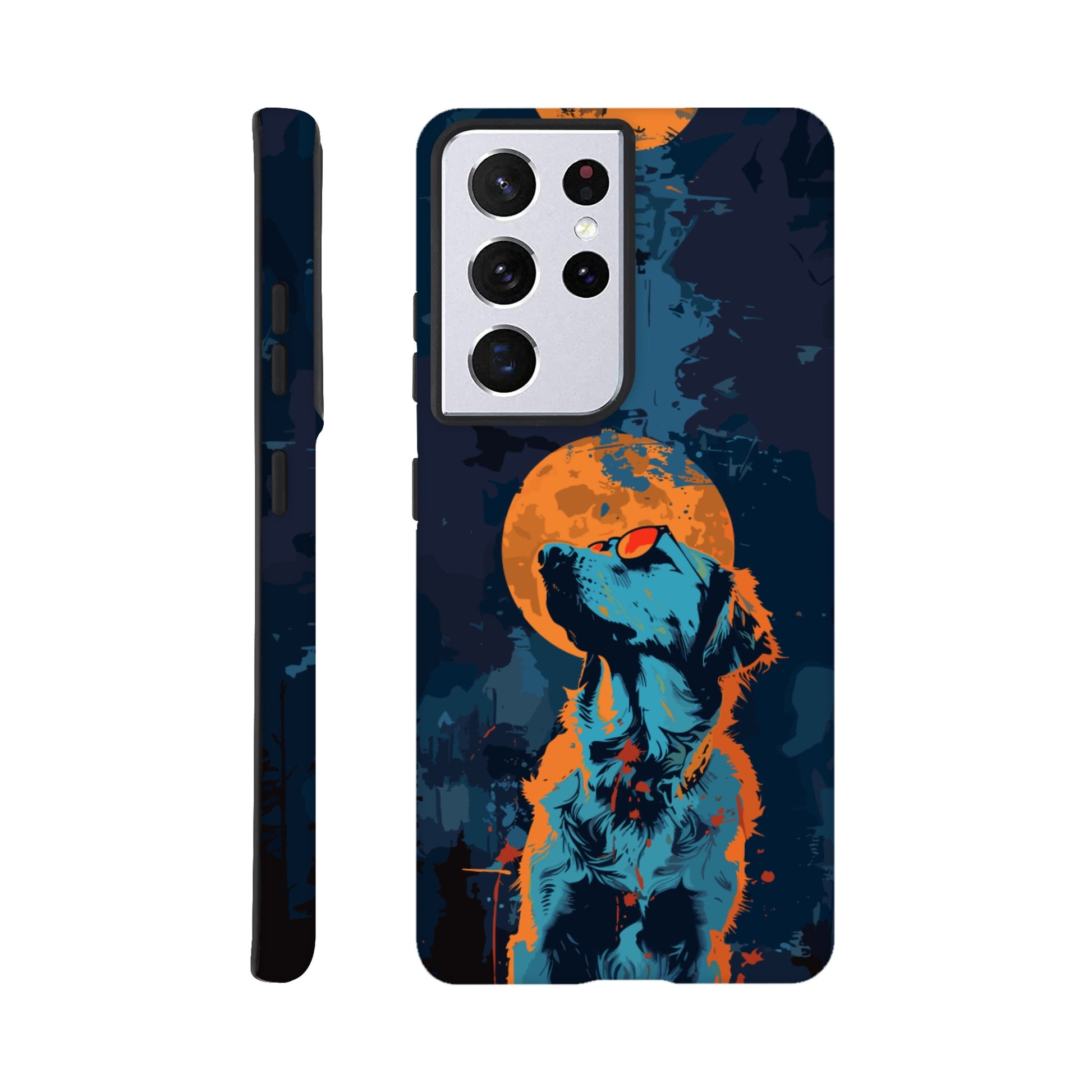 A Samsung Galaxy S21 Ultra Phone Case with the following design on it - A golden retriever dog with the moon behind it in a blue and orange color scheme, a night forest background, flat vector art with dark blue and light amber colors, a cyberpunk aesthetic