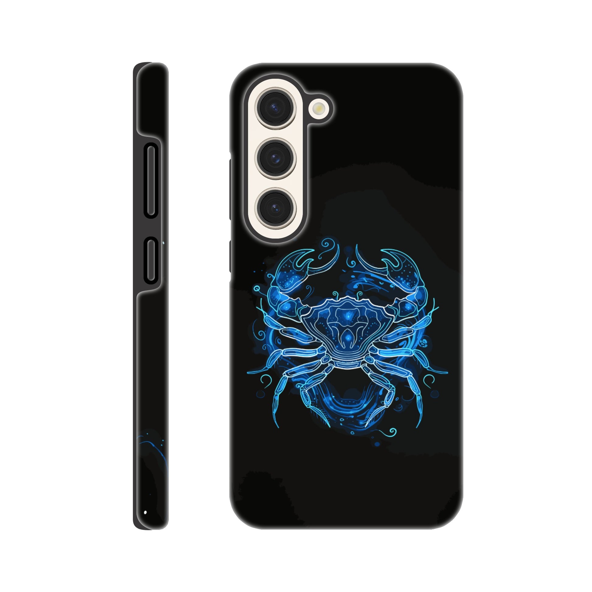 A Samsung Galaxy S23 Phone Case with the following design - A simple white line drawing of the symbol for Cancer-a Crab, with blue outlines on black background. The design is minimalistic and elegant, focusing only on basic shapes to represent the zodiac sign's symbolism in astrology. It has an art deco style that highlights its curves and swirls, creating a sense of motion or energy within each curve.