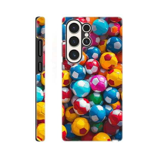 A Samsung Galaxy 23 Ultra Phone Case with the following design on it: A Kids ball pit made up of soccer balls, the soccer balls are of a variety of colors, fun and bright, pop art