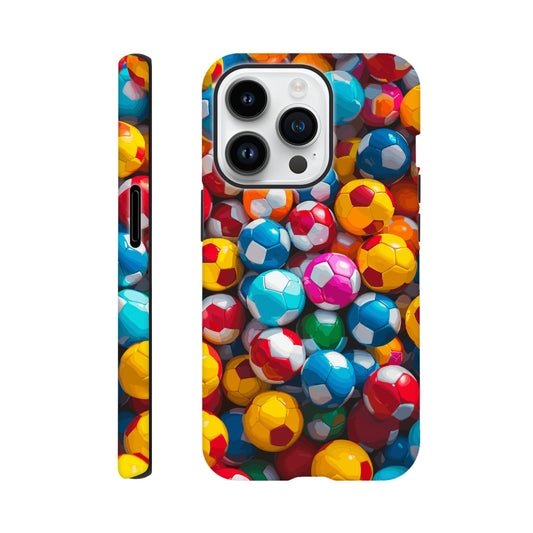 An iPhone 14 Pro Phone Case with the following design on it: A Kids ball pit made up of soccer balls, the soccer balls are of a variety of colors, fun and bright, pop art