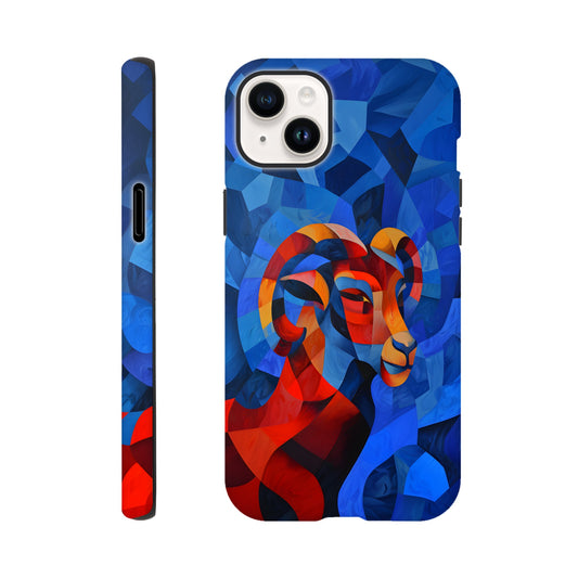 An Apple iPhone 14 Plus Phone Case with a design of an Aries astrological sign- a Ram, in the style of cubism, blue, red,