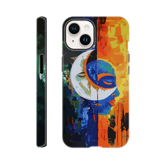 An Apple iPhone 14 Phone Case with the following design on it - Abstract painting of a crescent moon and sun in the sky, half is orange blue green color with black silhouette of either a female or male face, other side has bright vibrant colors, abstract, modern art style