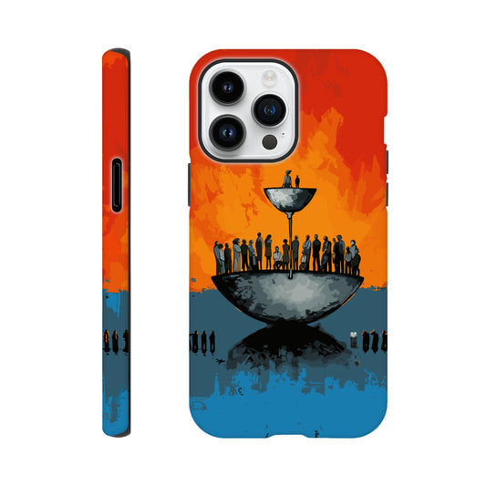 An Apple iPhone 14 Pro Max Phone Case with the following design on it - A large person is sitting in a bowl of a weighing scale. There is a larger bowl beneath this with lots of people in it. Income Inequality is theme, pop art, blue, orange, black, and red