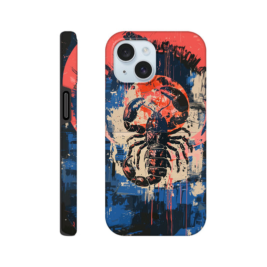 An Apple iPhone 15 Phone Case with the following design on it : A painting of a Scorpio with red accents, the Scorpio is the symbol for the astrological sign Scorpio, the Scorpio is positioned in the center against abstract blue and white brushstrokes, within a pink circle. The artwork has a splattered, chaotic background.