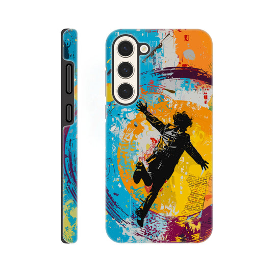 A Samsung Galaxy S23 Plus Phone Case with the following design on it -A graffiti style painting of the back of a human male in a suit falling in mid-air, with bold colors. The background is filled with vibrant splashes of color and newspaper texture in the style of American pop art