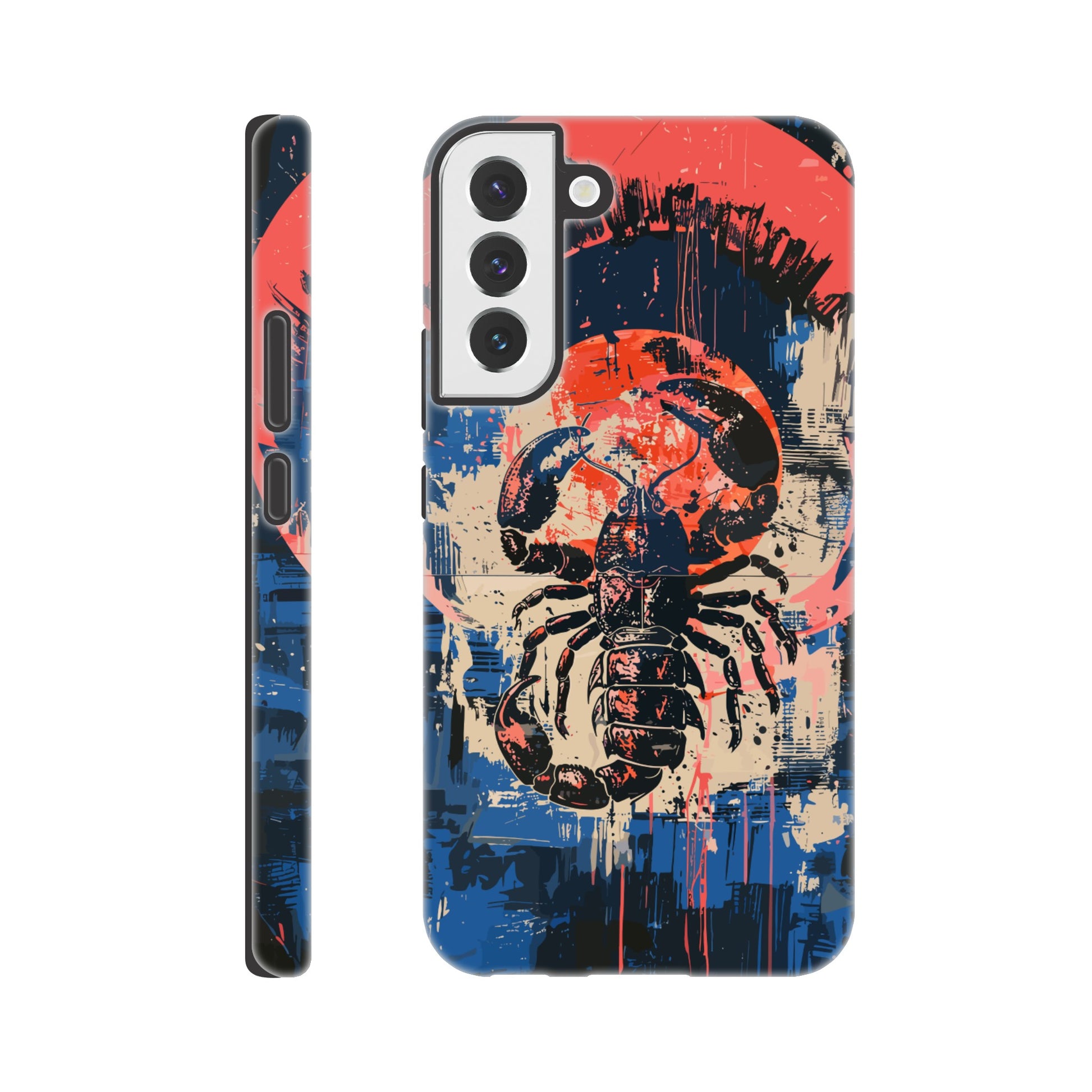 A Samsung Galaxy S22 Plus Phone Case with the following design on it : A painting of a Scorpio with red accents, the Scorpio is the symbol for the astrological sign Scorpio, the Scorpio is positioned in the center against abstract blue and white brushstrokes, within a pink circle. The artwork has a splattered, chaotic background.