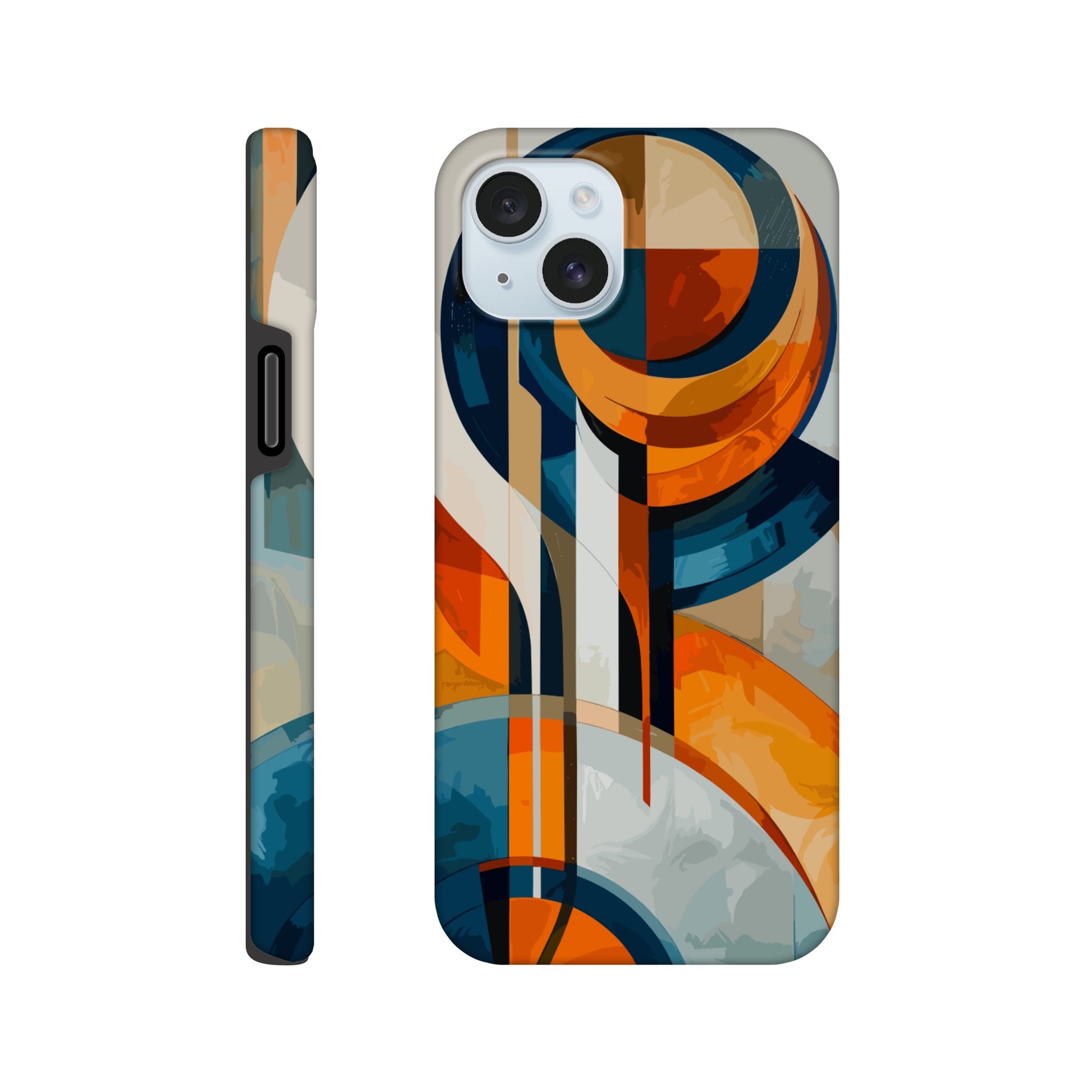 An Apple iPhone 15 Plus Phone Case with the following design on it: An abstract painting of an orange, blue and white circular design with lines in the style of cubism. The shapes create visual harmony by creating balance between soft curves and sharp angles. It uses flat color to give depth through gradients. There is an emphasis on the use of light and shadow. In some places there's an airbrush effect