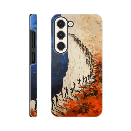 A Samsung Galaxy S23 Phone Case with the following design on it: a very large group of human forms all pointing in different directions as they are marching towards a cliff, royal blue, white, red, orange, style of fauvism