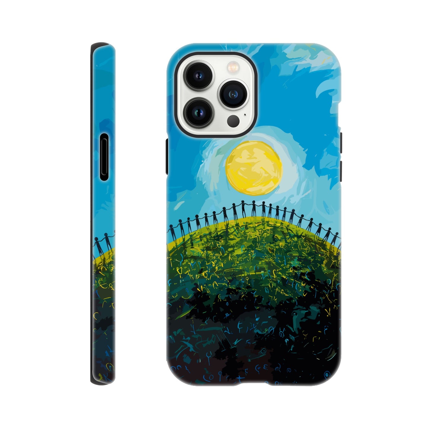 An Apple iPhone 13 Pro Max Phone Case with the following design on it : a large group of dozens of non distinct human forms holding hands under a bright sun on a beautiful green hill with a beautiful blue sky above, pop art