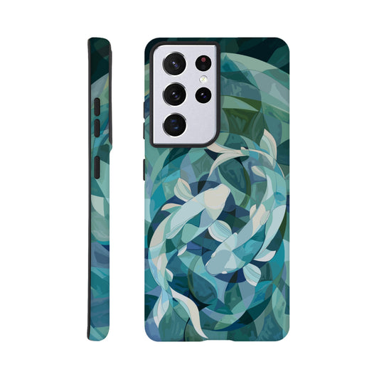 A Samsung Galaxy S21 Ultra Phone Case with the following design on it : A representation of the Pisces zodiac sign depicted as follows - A geometric abstract painting of fish swimming in circles, using shades and shapes to create the illusion that they form an endless circle. The color palette is soft with pastel blues and greens, giving it a calming effect. This artwork symbolizes motion, energy flow, chaos theory, infinite reflection, balance between movement and stillness