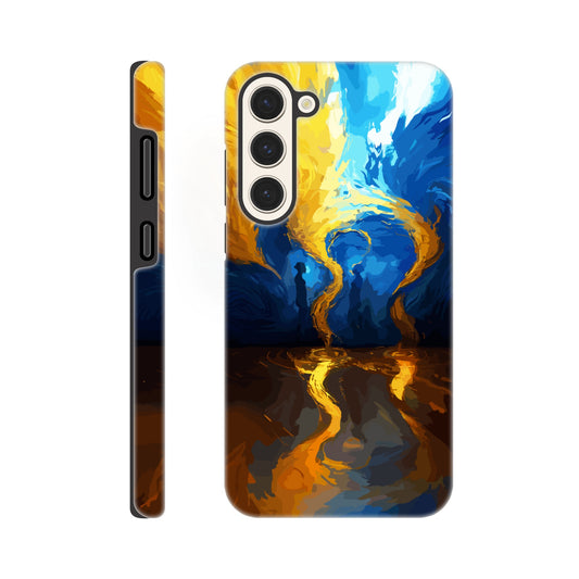 A Samsung Galaxy S23 Plus Phone Case with the following design on it -An abstract image of flowing thunder/lightning and waves. The colors of blue, orange, and yellow. There are two human forms facing each other in the middle of the image.