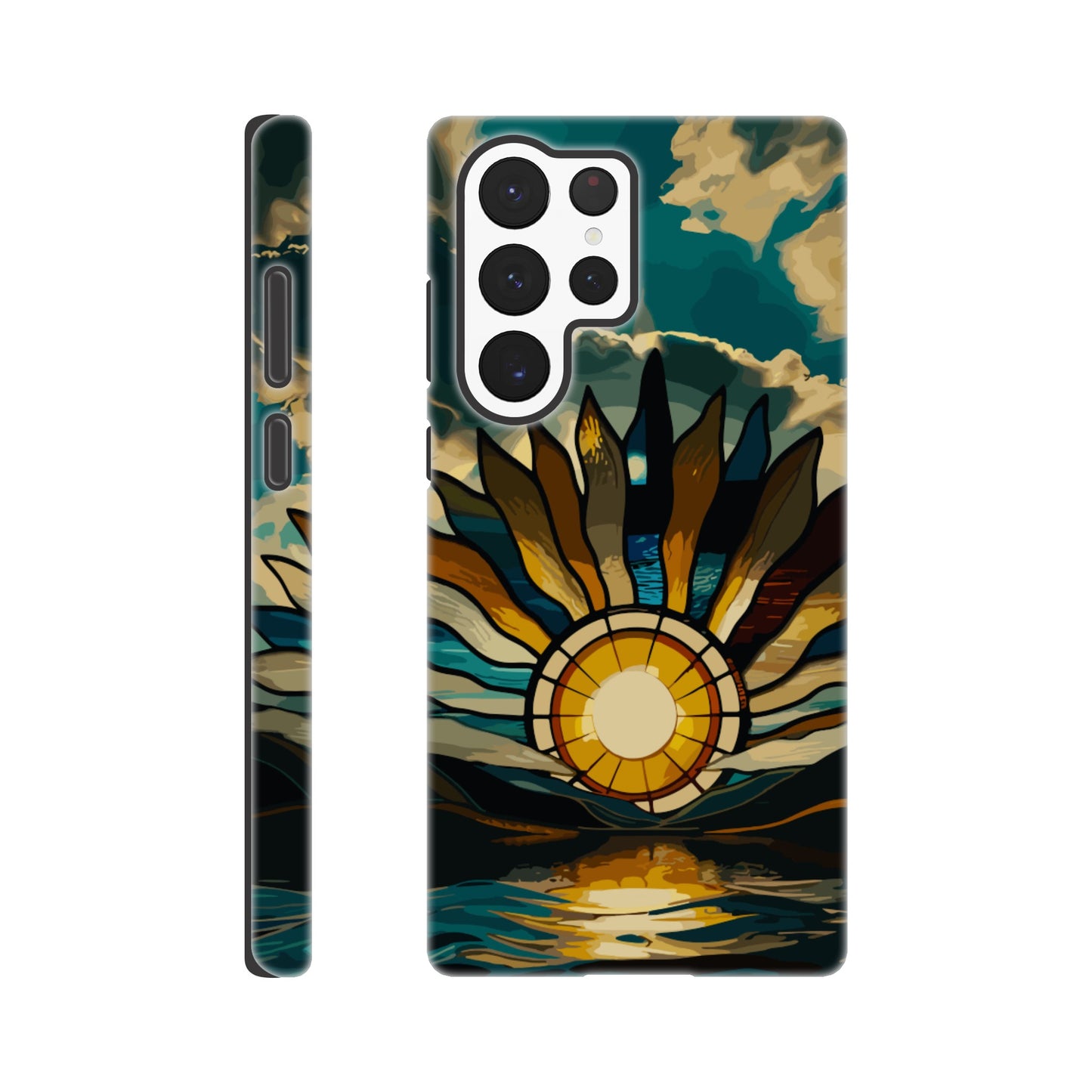 A Samsung Galaxy S22 Ultra Phone Case with the following design on it: A giant stained glass sun, with rays of light reflecting on the water below, in a cinematic, epic, fantasy art style