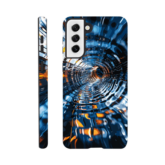 A Samsung Galaxy S21 Plus Phone Case with the following design on it: abstract futuristic tunnel made of chrome and glass, motion blur, dark blue background, orange highlights. The tunnel was created in the style of an abstract futuristic design using chrome and glass with a motion blur effect against a dark blue background highlighted with orange