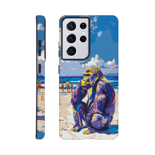 A Samsung Galaxy S21 Ultra with a design of a Gorilla at the beach thinking while a diverse group of people stroll along the beach in the background, royal blue, orange, purple, yellow, white, fauvism meets pop art