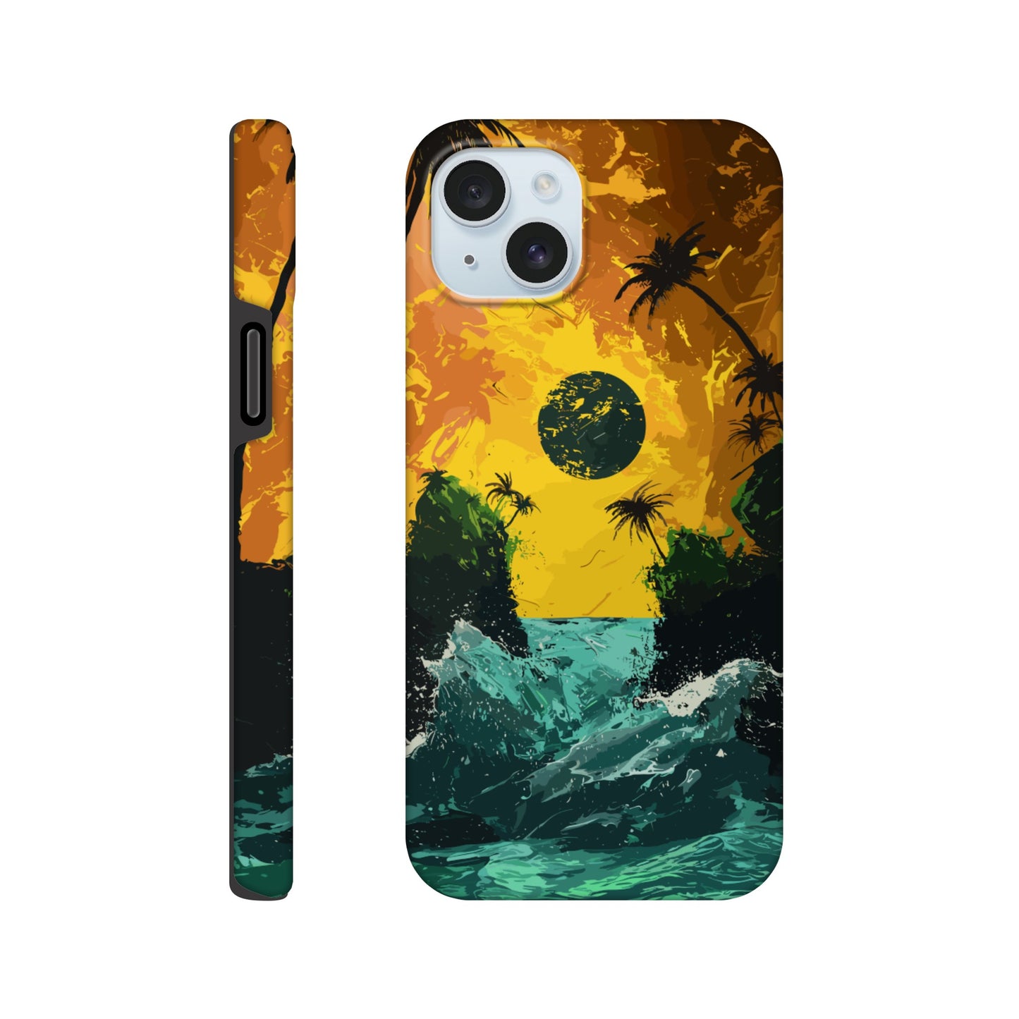 An Apple iPhone 15 Plus Phone Case with the following design on it - Two green islands separated by a violent royal green sea: yellow orangish sky: black sun, alien looking palm trees, surrealism