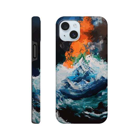 An Apple iPhone 15 Plus Phone Case with the following design on it - the Mariana Trench engulfing Mount Everest, cartoonish surrealism, blue, white, green, orange, black