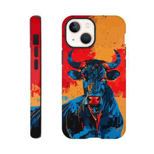 An Apple iPhone 13 Mini Phone Case with the following design on it: Abstract blue bull on a red background in the style of urban graffiti, the Bull is the symbol for the astrological sign of Taurus, flat painting with brush strokes, strong color contrast in the style of urban street art, cool and confident expression of the blue ox with an eye-catching label and strong visual impact