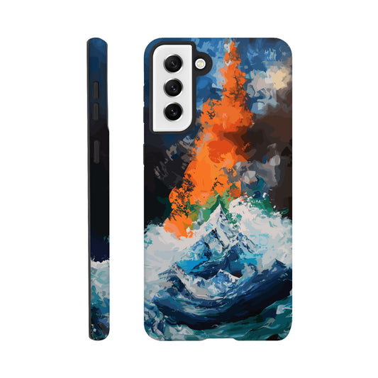 A Samsung Galaxy S21 Plus Phone Case with the following design on it - the Mariana Trench engulfing Mount Everest, cartoonish surrealism, blue, white, green, orange, black