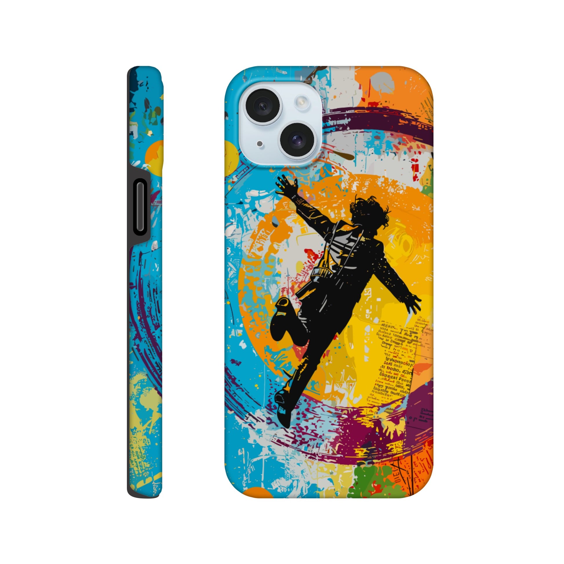 An Apple iPhone 15 Plus Phone Case with the following design on it -A graffiti style painting of the back of a human male in a suit falling in mid-air, with bold colors. The background is filled with vibrant splashes of color and newspaper texture in the style of American pop art