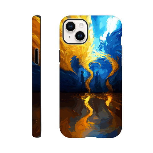 An iPhone 14 Plus Phone Case with the following design on it -An abstract image of flowing thunder/lightning and waves. The colors of blue, orange, and yellow. There are two human forms facing each other in the middle of the image.