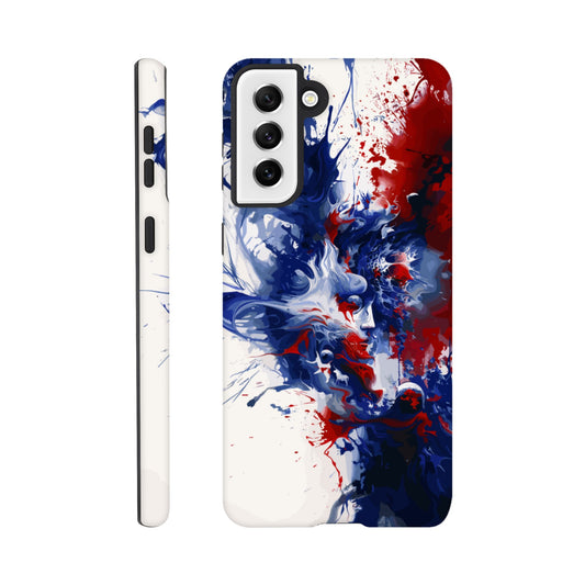 A Samsung Galaxy S21 Plus Phone Case with the following design on it: Abstract Blue and Red Painting, white background, ink painting, splash art in the style of ink painting, human profile in the middle which seems to be depicting someone in deep thought 