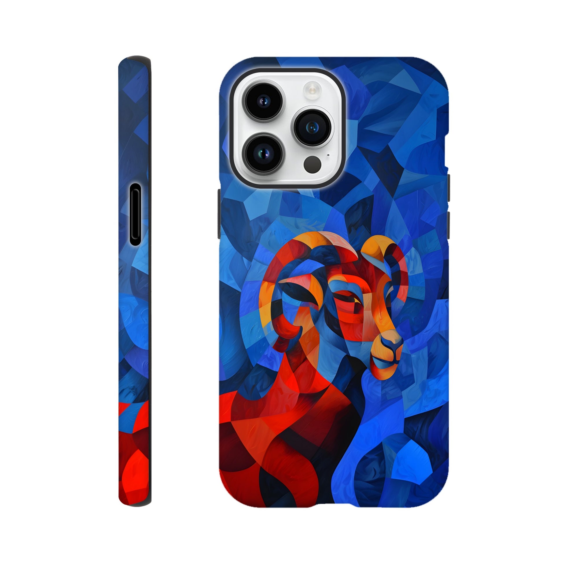 An Apple iPhone 14 Pro Max Phone Case with a design of an Aries astrological sign- a Ram, in the style of cubism, blue, red,