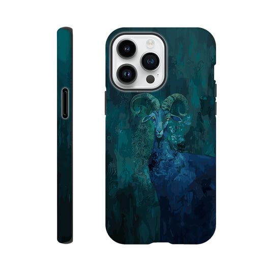 An Apple iPhone 14 Pro Max Phone Case with the following design on it - a Sea Goat, the symbol of the zodiac sign for Capricorn, fabric painting, dark green, indigo