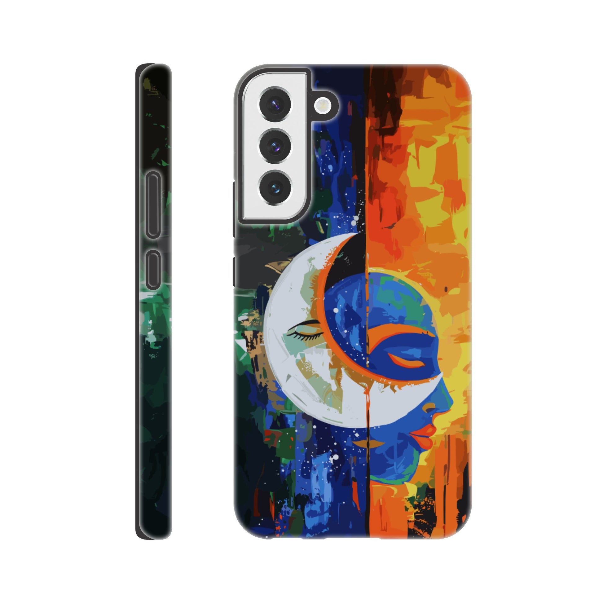 A Samsung Galaxy S22 Plus Phone Case with the following design on it - Abstract painting of a crescent moon and sun in the sky, half is orange blue green color with black silhouette of male face, other side has bright vibrant colors, abstract, modern art style