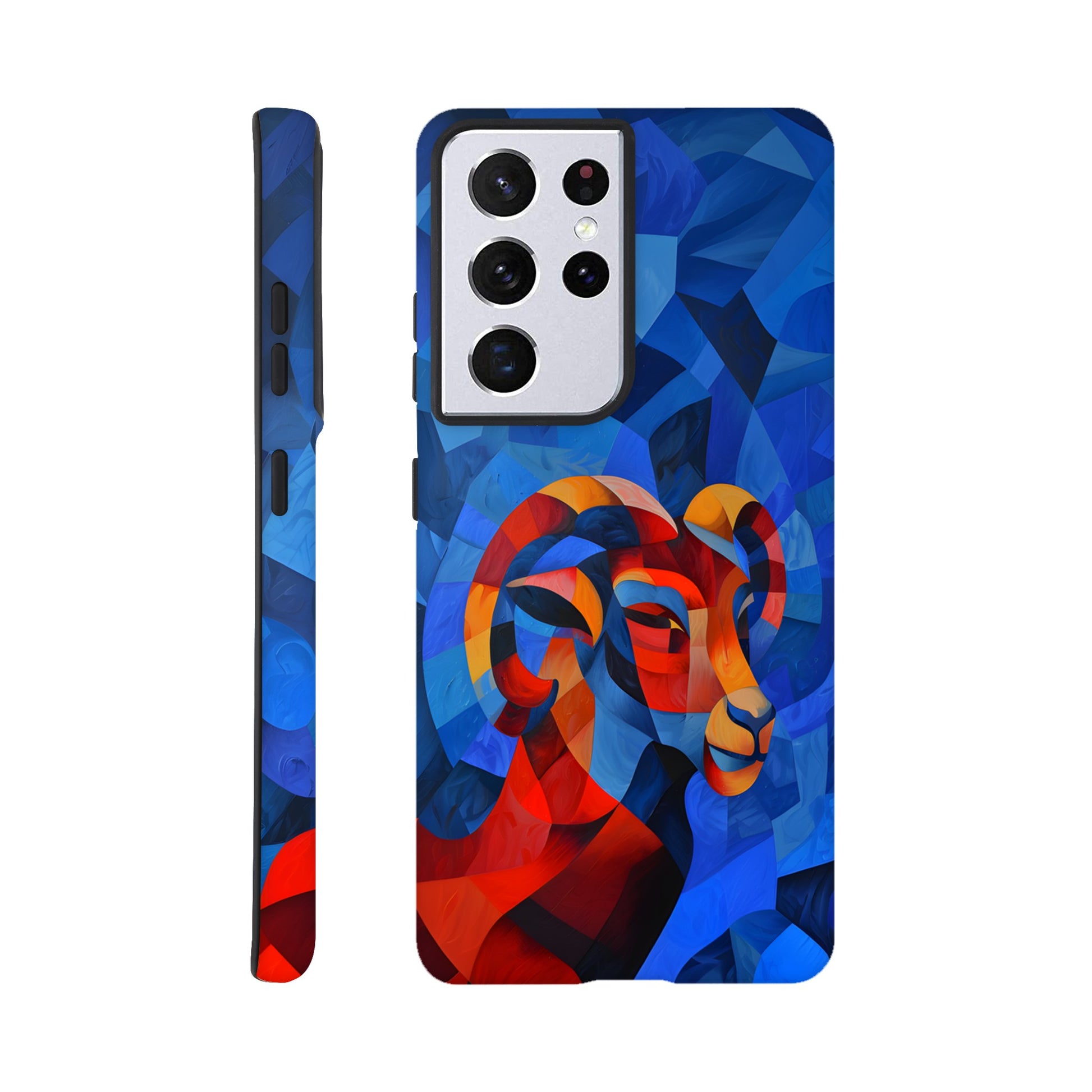 A Samsung Galaxy S21 Ultra Phone Case with a design of an Aries astrological sign- a Ram, in the style of cubism, blue, red,