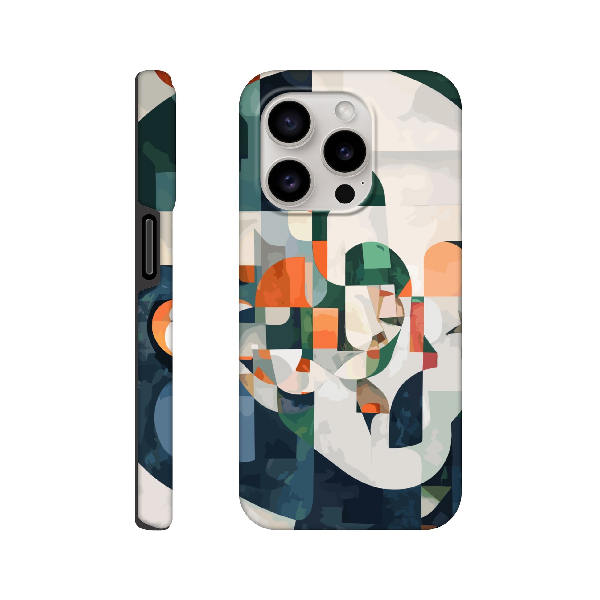 An iPhone 15 Pro Phone Case with the following design on it -A cubist-inspired portrait. The face is composed of geometric shapes and forms, with an abstract background that features soft gradients in shades of green, orange, blue, white, and grey. Abstract patterns surround the figure to create depth and movement against an emerald color palette.