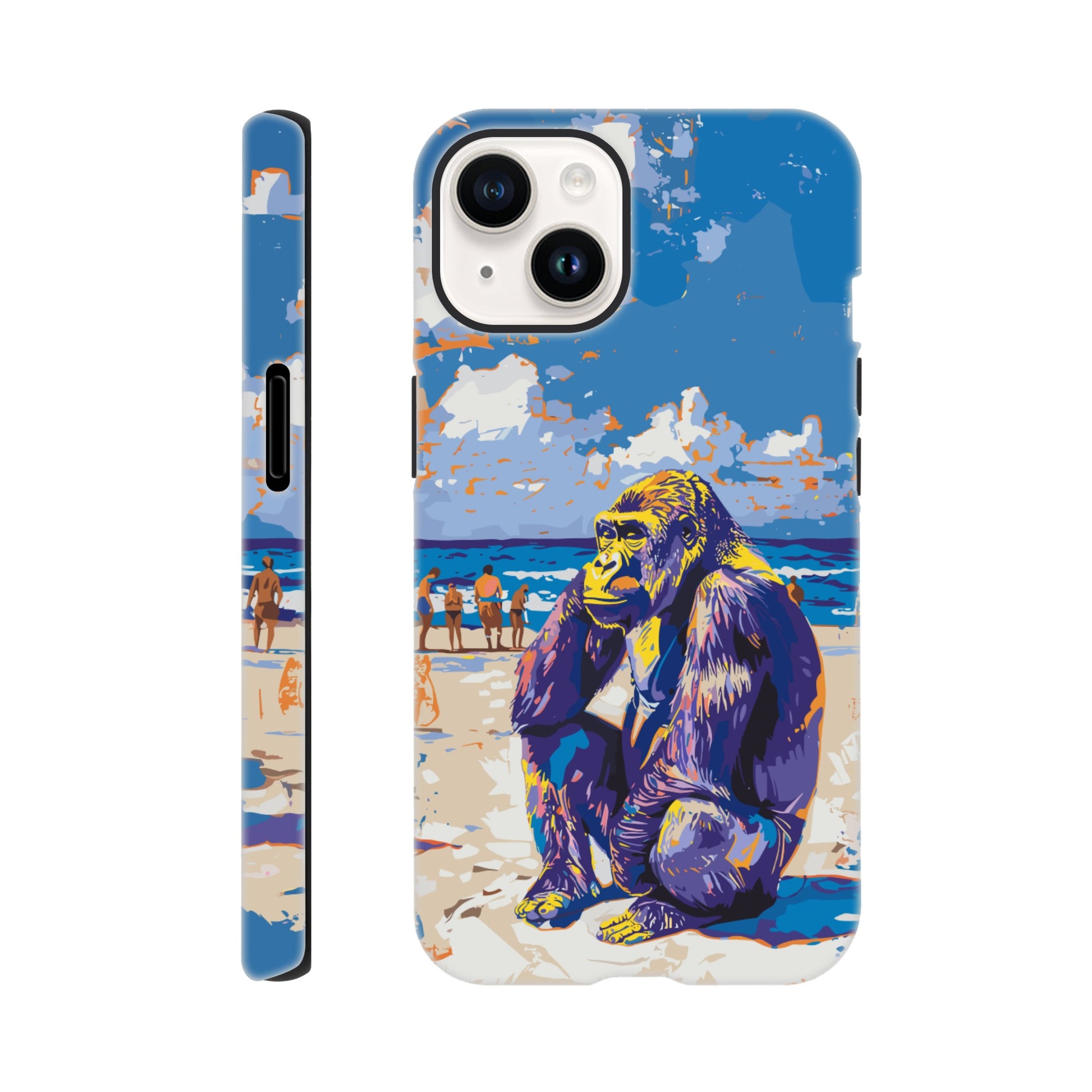 An iPhone 14 with a design of a Gorilla at the beach thinking  while a diverse group of people stroll along the beach in the background, royal blue, orange, purple, yellow, white, fauvism meets pop art  