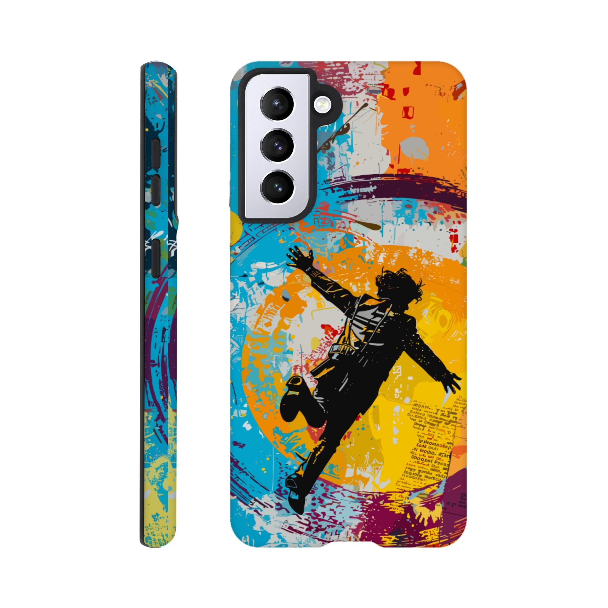 A Samsung Galaxy S21 Phone Case with the following design on it -A graffiti style painting of the back of a human male in a suit falling in mid-air, with bold colors. The background is filled with vibrant splashes of color and newspaper texture in the style of American pop art