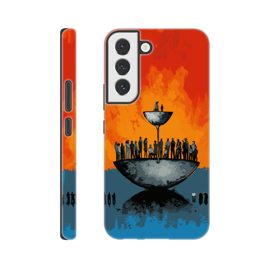 A Samsung Galaxy S22 Phone Case with the following design on it - A large person is sitting in a bowl of a weighing scale. There is a larger bowl beneath this with lots of people in it. Income Inequality is theme, pop art, blue, orange, black, and red