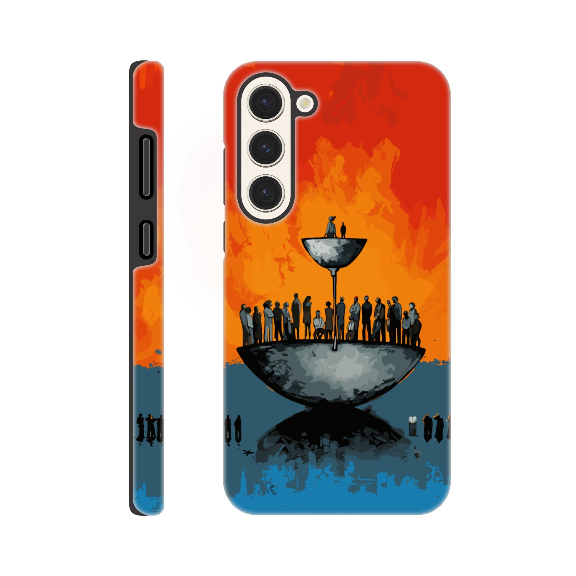 A Samsung Galaxy S23 Plus Phone Case with the following design on it - A large person is sitting in a bowl of a weighing scale. There is a larger bowl beneath this with lots of people in it. Income Inequality is theme, pop art, blue, orange, black, and red