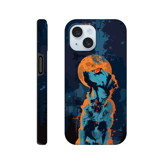 An Apple iPhone 15 Phone Case with the following design on it - A golden retriever dog with the moon behind it in a blue and orange color scheme, a night forest background, flat vector art with dark blue and light amber colors, a cyberpunk aesthetic