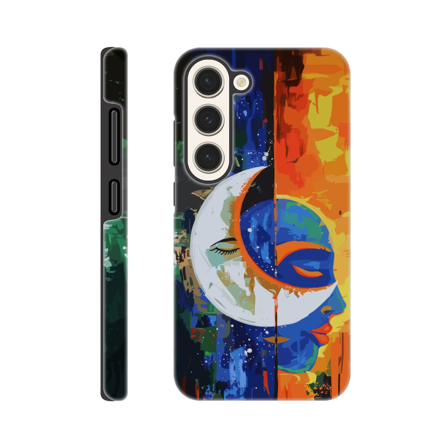 A Samsung Galaxy S23 Phone Case with the following design on it - Abstract painting of a crescent moon and sun in the sky, half is orange blue green color with black silhouette of male face, other side has bright vibrant colors, abstract, modern art style