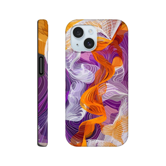 An Apple iPhone 15 Phone Case with the following design on it - A modern digital art piece of an abstract representation of waves and swirls, with orange and purple hues, composed from flowing lines in a white mesh pattern, creating the illusion that they flow like ribbons or threads. The background is a gradient of these colors, adding depth to the composition. This artwork symbolizes movement, fluidity, and dynamic energy through its intricate design.