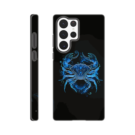 A Samsung Galaxy S22 Ultra Phone Case with the following design - A simple white line drawing of the symbol for Cancer-a Crab, with blue outlines on black background. The design is minimalistic and elegant, focusing only on basic shapes to represent the zodiac sign's symbolism in astrology. It has an art deco style that highlights its curves and swirls, creating a sense of motion or energy within each curve.