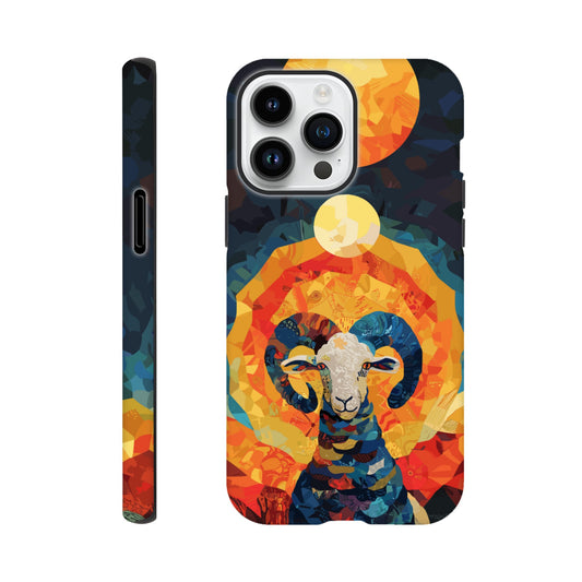 An Apple iPhone 14 Pro Max Phone Case with the following design on it - A Ram is facing towards you. There is a large Sun above the Ram even though it appears to be nighttime and a small moon as well, the style is art nouveau with very vibrant primary colors.