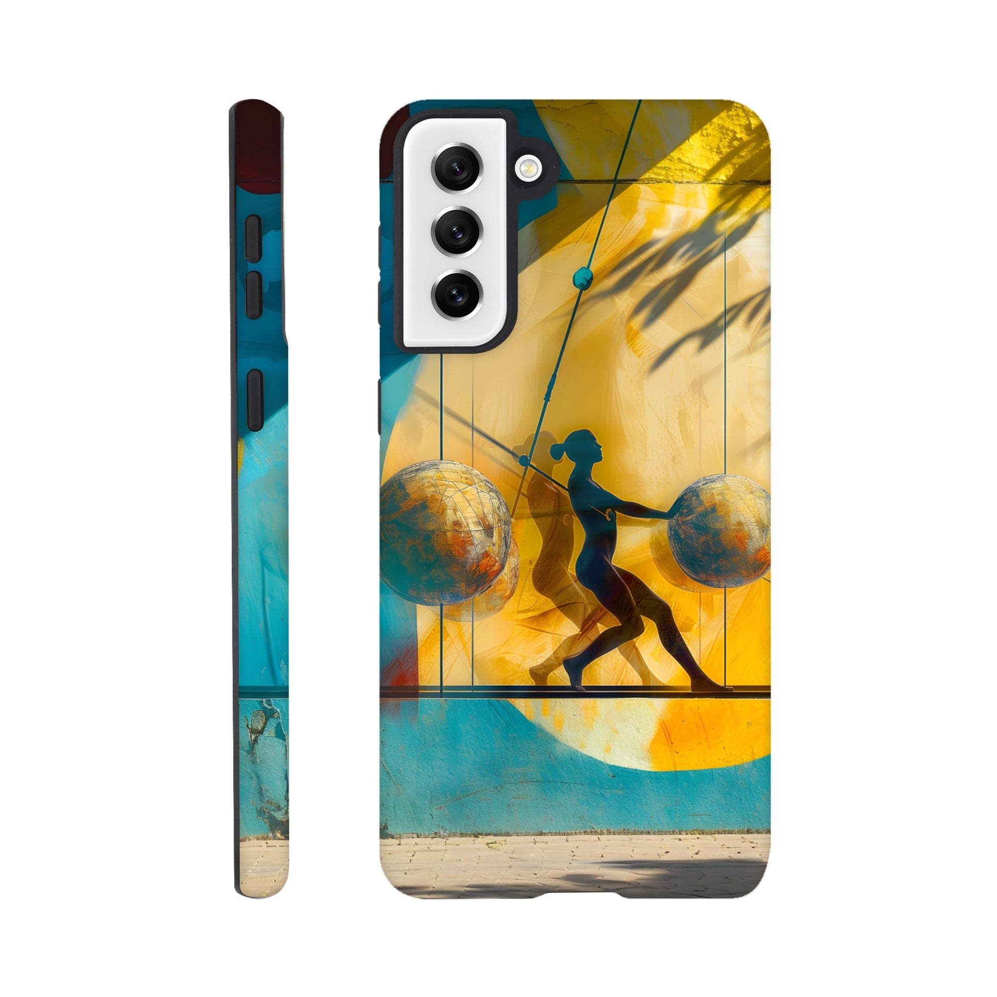 A Samsung Galaxy S21 Plus Phone Case with the following design on it: A colorful mural depicting the figure of a Female athlete with two circles and three spheres in yellow, blue, and red colors, painted on concrete walls. A woman is running between them while holding another sphere in her hand. The shadows cast by palm trees create dynamic patterns that highlight details like dots and lines, adding depth to the scene