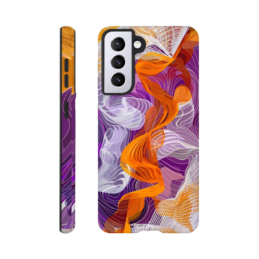 A Samsung Galaxy S21 Phone Case with the following design on it - A modern digital art piece of an abstract representation of waves and swirls, with orange and purple hues, composed from flowing lines in a white mesh pattern, creating the illusion that they flow like ribbons or threads. The background is a gradient of these colors, adding depth to the composition. This artwork symbolizes movement, fluidity, and dynamic energy through its intricate design.