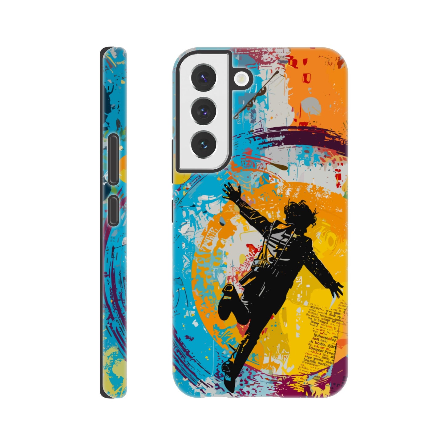 A Samsung Galaxy S22 Phone Case with the following design on it -A graffiti style painting of the back of a human male in a suit falling in mid-air, with bold colors. The background is filled with vibrant splashes of color and newspaper texture in the style of American pop art