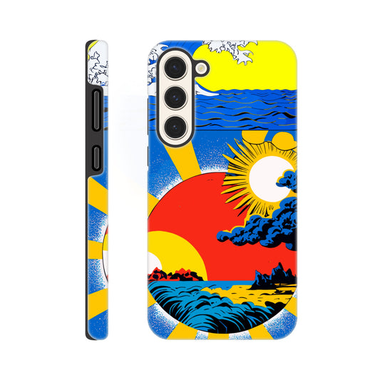 A Samsung Galaxy S23 Plus Phone Case with the following design on it: sun and clouds, blue sky with yellow rays of light, sun setting in the background, in the style of a Japanese illustration, blue sea wave on top left corner, red circle below centered, blue storm clouds inside red dot, colorful poster print style