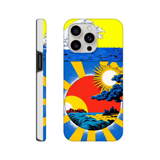 An Apple iPhone 15 Pro Max Phone Case with the following design on it: sun and clouds, blue sky with yellow rays of light, sun setting in the background, in the style of a Japanese illustration, blue sea wave on top left corner, red circle below centered, blue storm clouds inside red dot, colorful poster print style